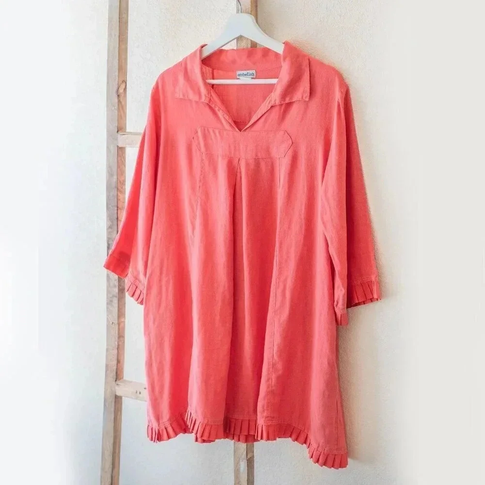 Embellish Coral Linen Blend Shift Dress Medium Pleated Ruffle Hem Collar Pockets - Picture 3 of 10
